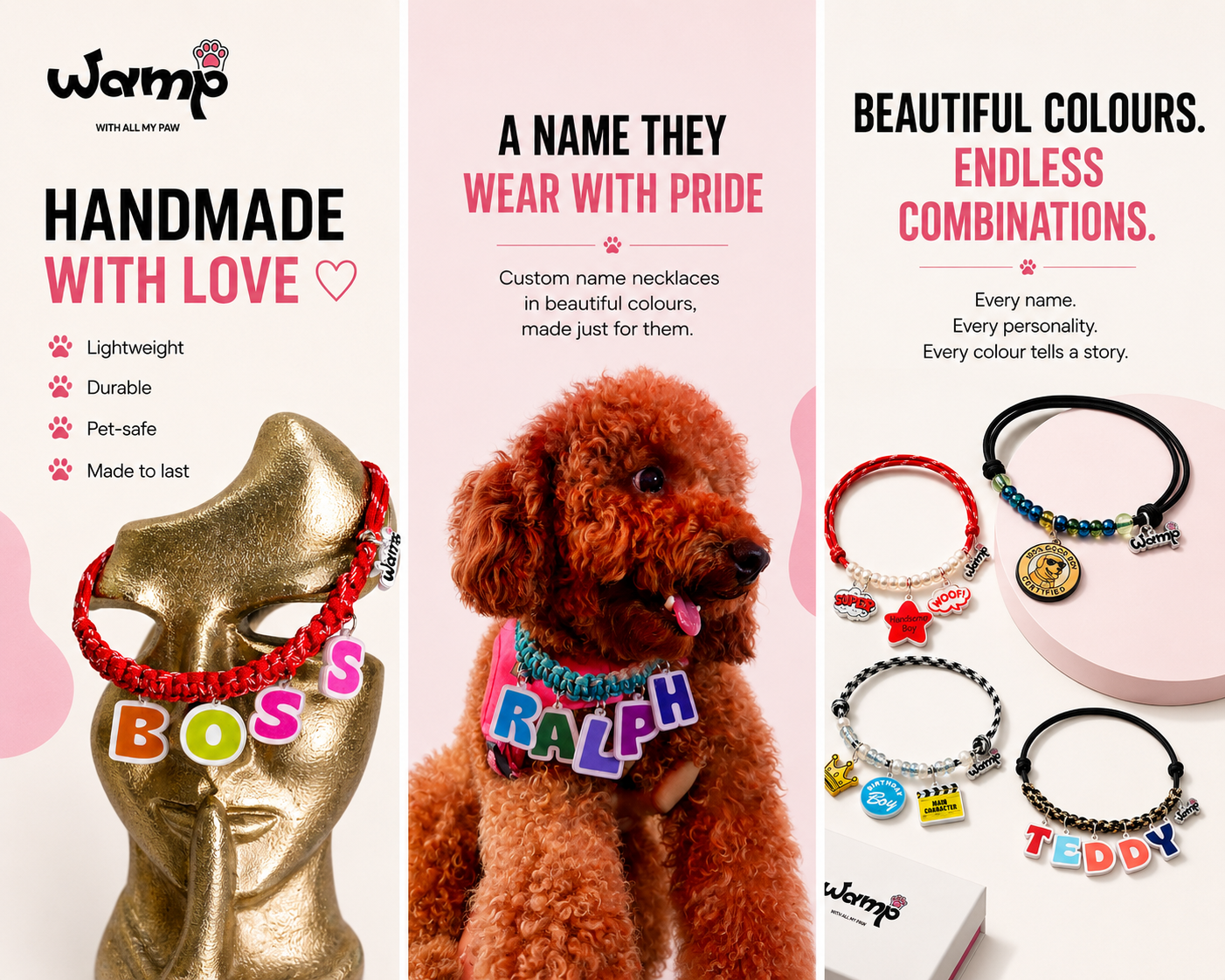 personalised pet necklaces in india, handmade by WAMP