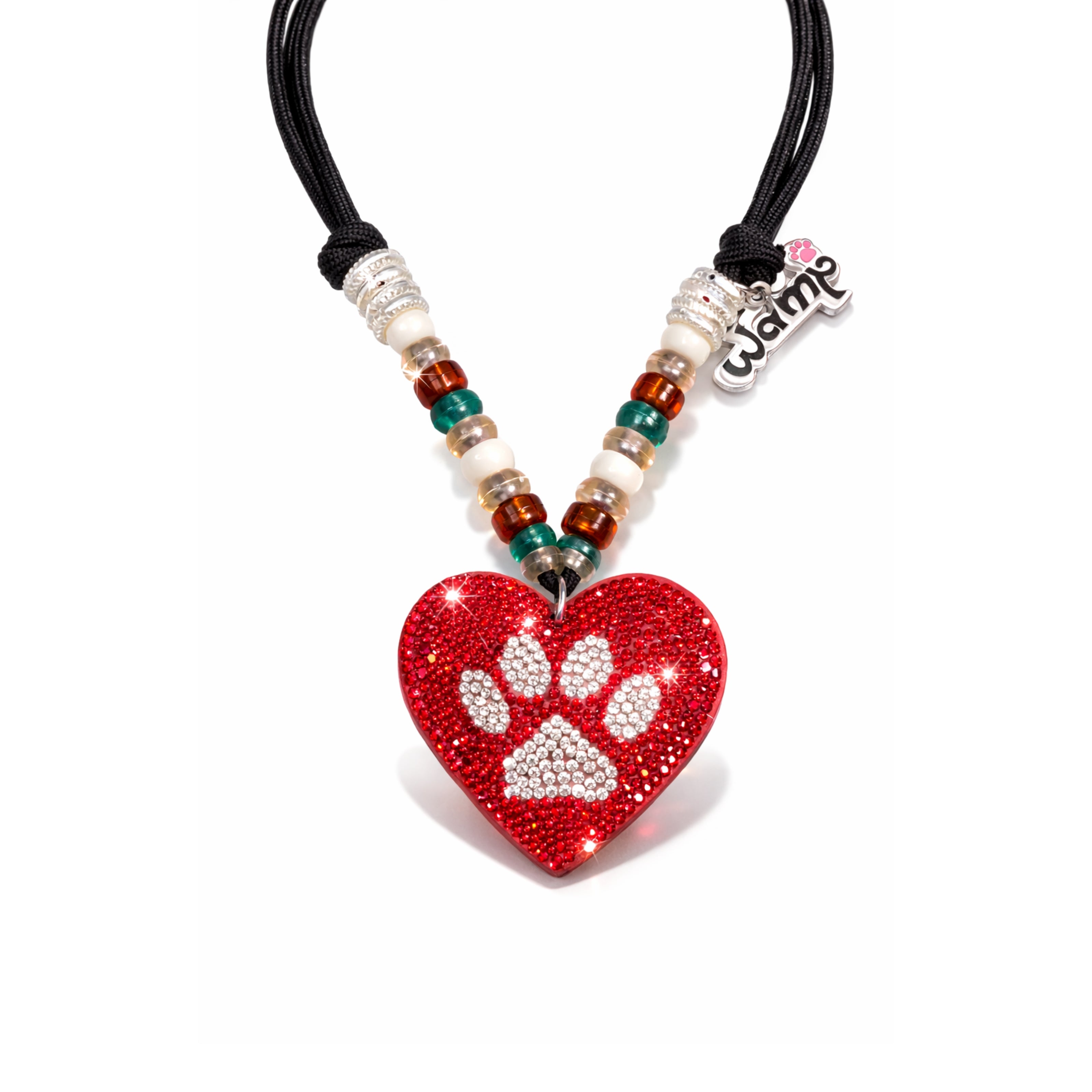 Red Heart Paw Pendant Glitter Necklace