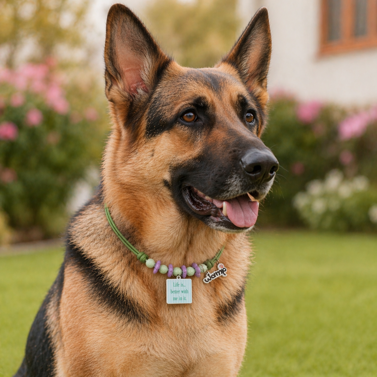 german shephard in a garden wearing necklace